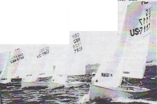 Albacores CAN 6700, KC 7982, GBR 7928 and US 7117 racing upwind in a breeze