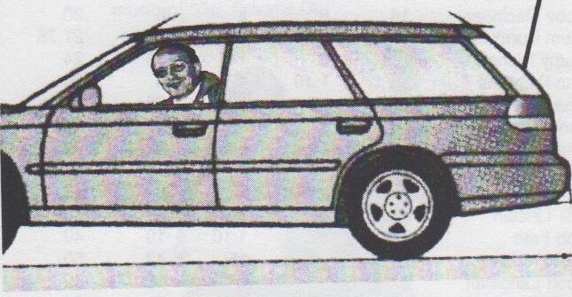 Cartoon of Dave Bussin driving a station wagon, its roof-rack line trailing back to a winged boat named Barney