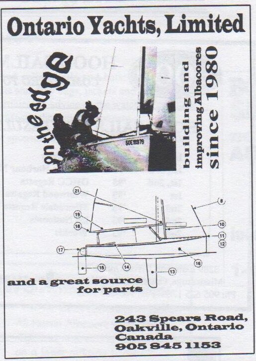 Ontario Yachts, Limited advertisement: “On the edge — building and improving Albacores since 1980, and a great source for parts”, 243 Spears Road, Oakville, Ontario, with an Albacore photo and a numbered parts diagram