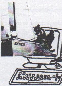 Cartoon of a computer monitor and keyboard with a photo of an Albacore sailing on the screen