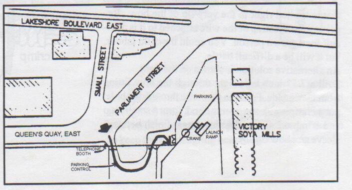 Map of the RCYC city-side launch: from Lakeshore Boulevard East down Parliament Street to Queen’s Quay East, into the parking lot to the crane and launch ramp beside Victory Soya Mills