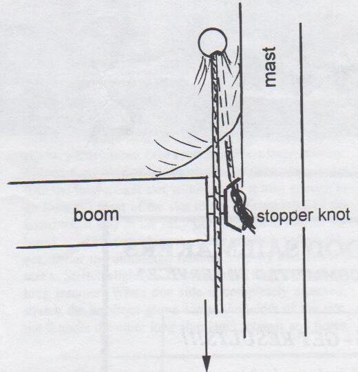 Diagram: the cunningham line runs down from the eye in the main sail beside the mast, through the space between the goose neck and the mast, ending in a stopper knot under the boom