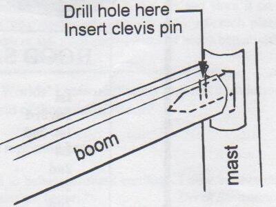 Diagram: boom seated in the goose neck on the mast, with an arrow marking where to drill a hole and insert a clevis pin