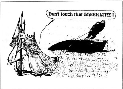 Cartoon of Neptune with a trident at the water’s edge shouting “Don’t touch that SHEERLINE!” at a figure working on an upturned hull