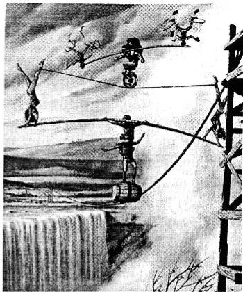 Surreal illustration of acrobats balancing on tightropes and a unicycle strung above a waterfall