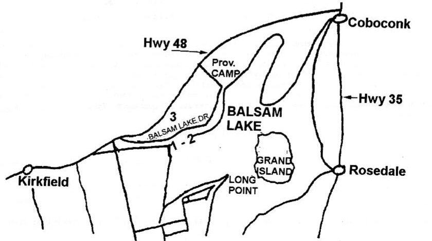Sketch map of Balsam Lake between Kirkfield, Coboconk and Rosedale showing Highway 48, Balsam Lake Drive and launch sites 1, 2 and 3
