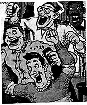 Cartoon of a group of wildly excited men cheering and shouting