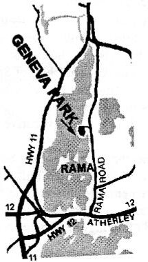 Map of the Geneva Park area on Lake Couchiching near Rama Road, Highways 11 and 12 and Atherley