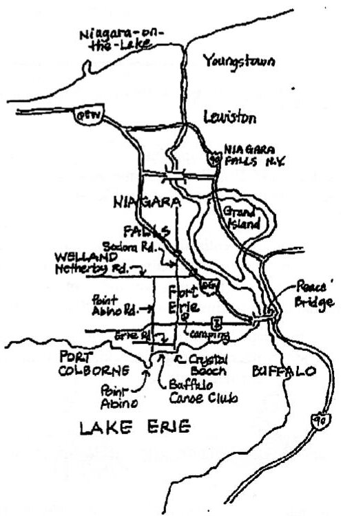 Hand-drawn map of the Niagara peninsula showing routes from the QEW and Buffalo to the Buffalo Canoe Club near Crystal Beach on Lake Erie