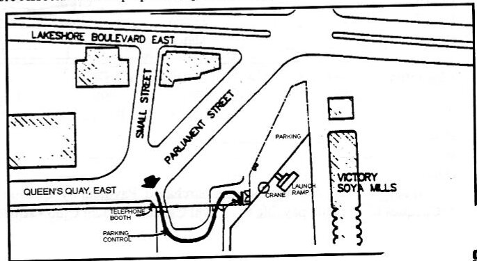 Street map of the RCYC city-side launch ramp at Parliament Street and Queen’s Quay East, Toronto, near Victory Soya Mills