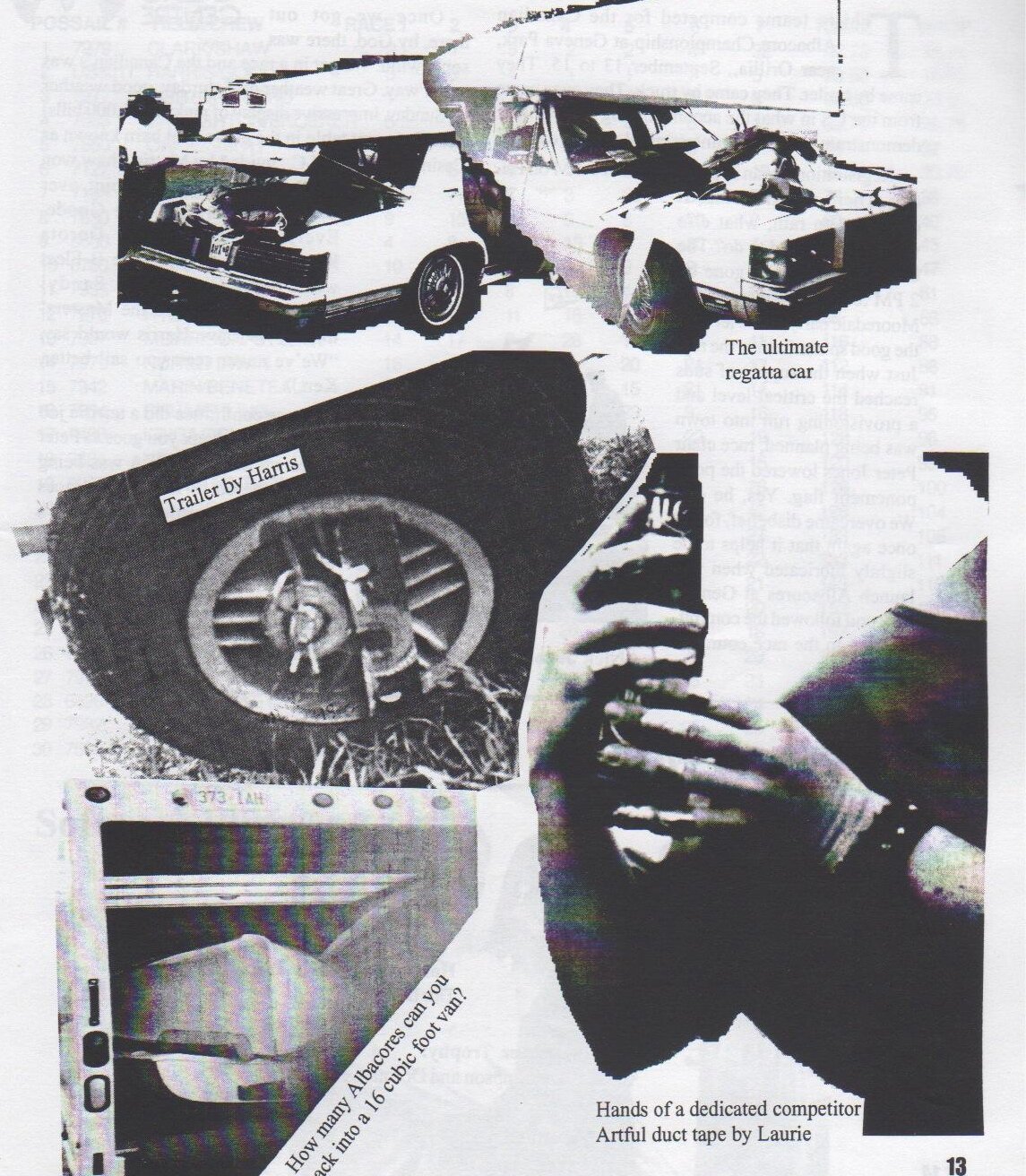 Photo collage from the Canadians: a car loaded with gear, a trailer wheel, a packed cargo van and duct-taped hands