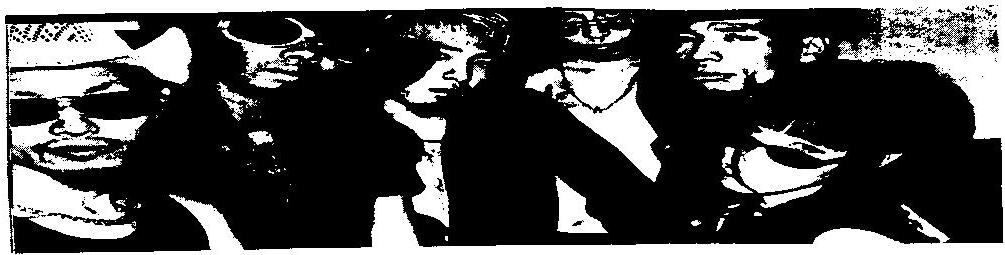 Grainy strip photo of five people in sunglasses and dark jackets posed close together, faces filling the frame
