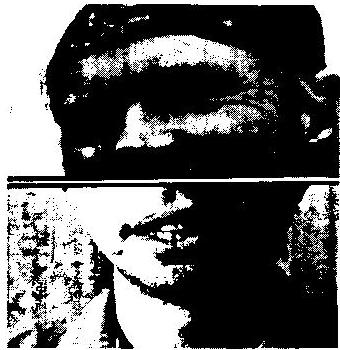 Two stacked, tightly cropped grainy photos of a face: eyes above, an open smiling mouth below