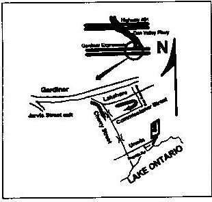 Hand-drawn location map: the Gardiner Expressway and Lakeshore leading to Cherry Street, Commissioners Street and Unwin Avenue at the Outer Harbour on Lake Ontario