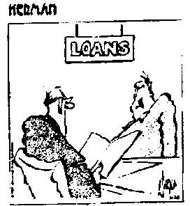 Herman cartoon: a sailor in foul-weather gear sits across a desk from a loans officer