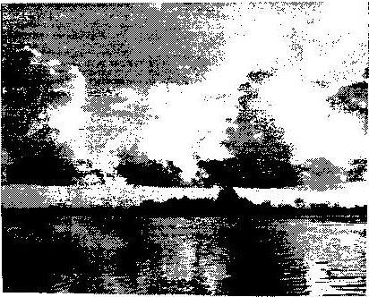 Black-and-white photo of towering clouds over a lake