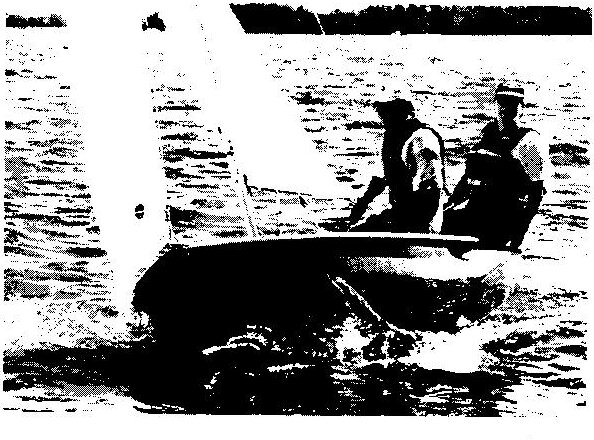 Rosemary Helmer and Gord Chu sailing their Albacore upwind in a chop