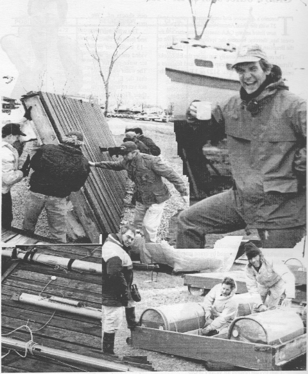 Photo collage: sailors carrying a dock section, a grinning sailor holding a coffee mug, spars laid out on a dock, and two sailors fitting buoyancy barrels to a dock float
