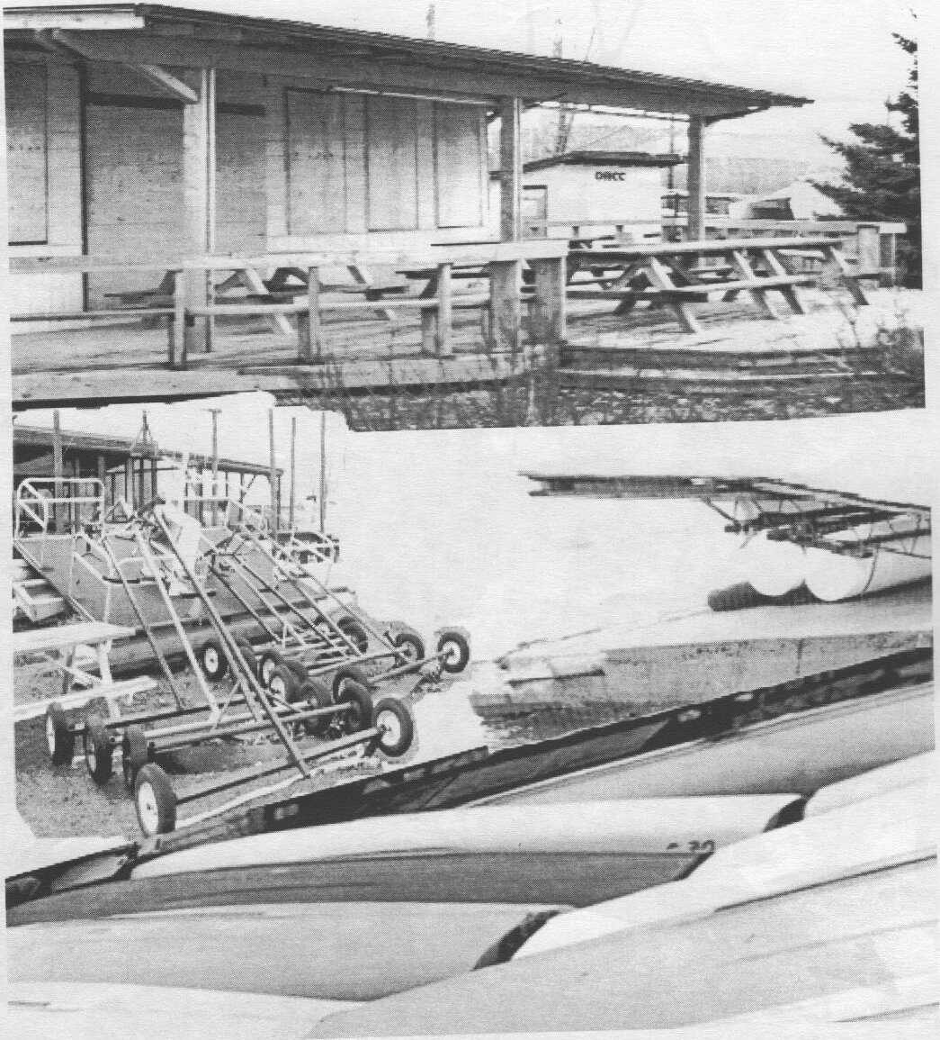 Photo collage: a boarded-up clubhouse deck with picnic tables, a row of empty launching dollies, and the covered hulls of Albacores stored for winter