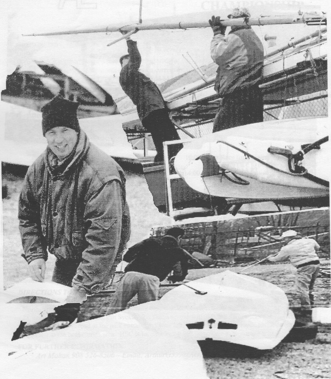 Photo collage: sailors in winter jackets and toques stepping a mast, uncovering hulls and hauling boats on launch day