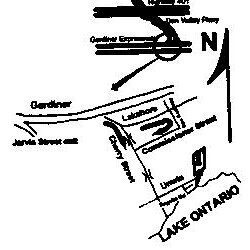 Sketch map of the route from the Gardiner Expressway to the Outer Harbour clubs on Lake Ontario