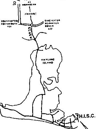 Sketch map of the A3(M) route from London through Havant and over the bridge onto Hayling Island, with H.I.S.C. marked on the south-east tip