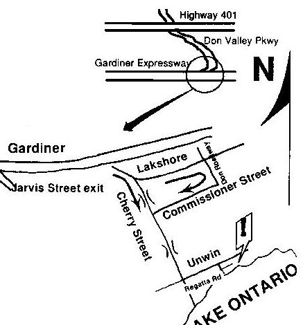 Hand-drawn map from Highway 401 down the Don Valley Parkway and Gardiner Expressway to Cherry Street, Unwin and Regatta Road on Toronto’s Outer Harbour