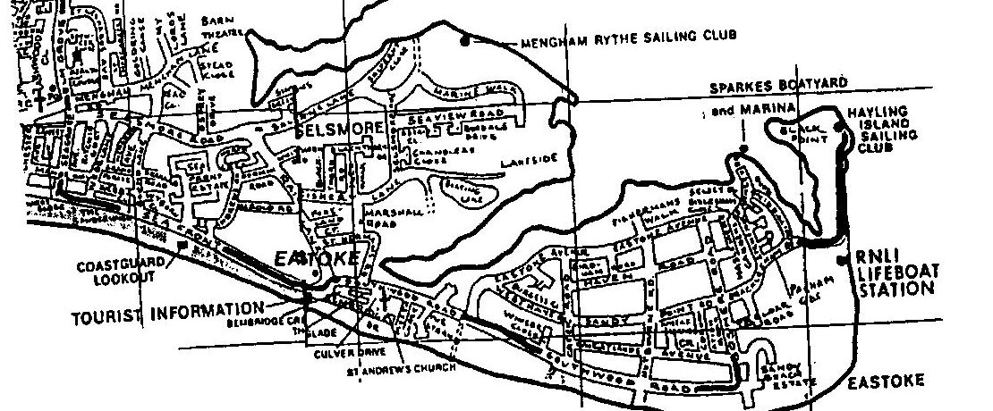 Street map of the south-east corner of Hayling Island showing Eastoke, Mengham Rythe Sailing Club, Sparkes Boatyard and Hayling Island Sailing Club at Sandy Point