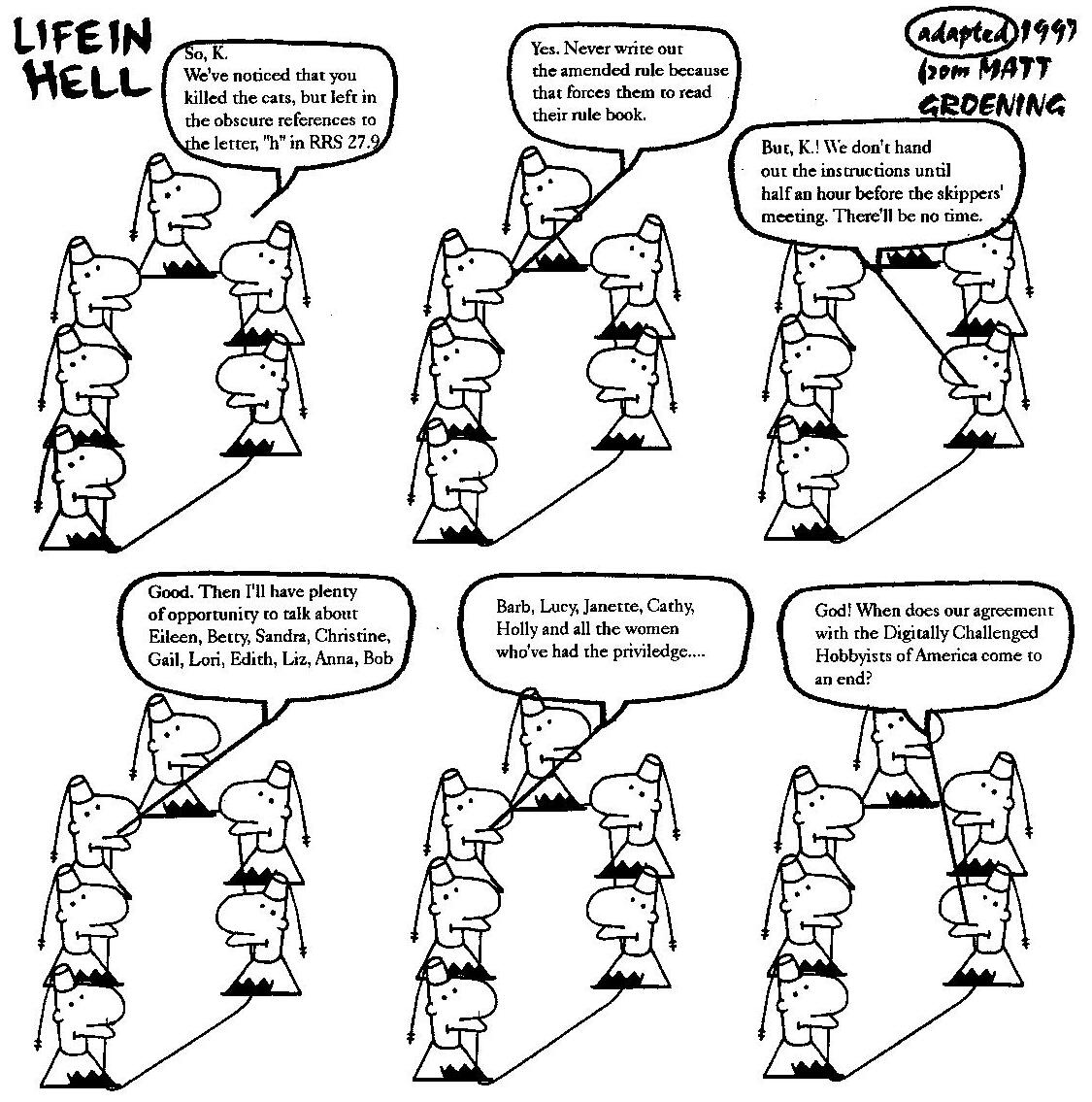Six-panel cartoon of rabbit-eared characters in a race committee huddle discussing the amended rule and the sailing instructions