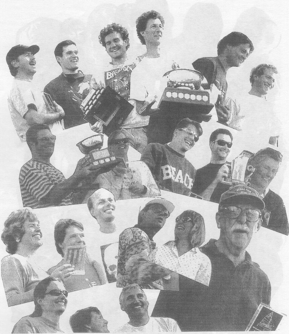 Photo collage of trophy winners at the 1997 Canadian Albacore Championships holding their trophies