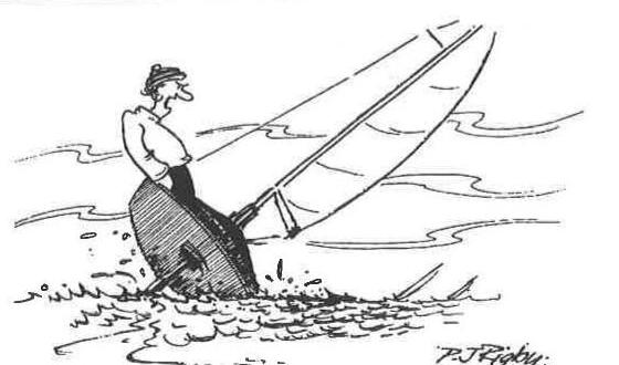 Cartoon by P.J. Rigby: a sailor stands on the outside of a capsizing dinghy’s hull, the boat heeled almost flat