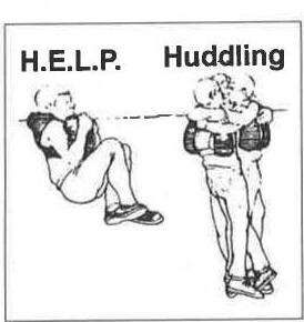 Drawing of the H.E.L.P. position, a lone person in a life jacket hugging their knees to the chest, and the Huddling position, people in life jackets holding each other close
