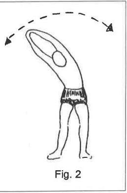 Fig. 2: a standing figure with arms joined overhead, bending to one side, with a dashed arc showing the side-to-side motion