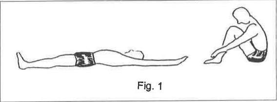 Fig. 1: a figure lying flat on its back, then sitting up with knees bent, hands touching the feet