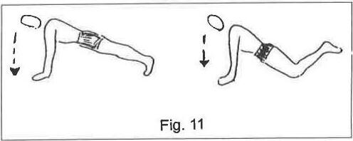 Fig. 11: two push-up figures, one in the full push-up position and one in the easier kneeling position, with arrows showing the body lowering