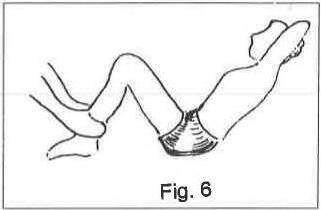 Fig. 6: a figure seated with knees bent and hands behind the head, leaning back while a partner holds the feet down
