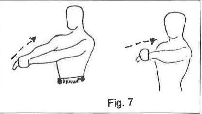 Fig. 7: a figure with both arms extended at shoulder level, right hand gripping the left, then pulling the left hand in towards the right shoulder