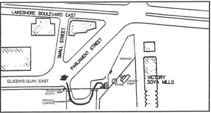 Hand-drawn map of the RCYC city-side station: Lakeshore Boulevard East, Small Street, Parliament Street and Queen’s Quay East, with the parking lot, crane and launch ramp beside Victory Soya Mills