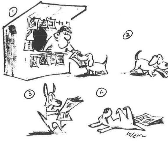 Four-panel cartoon: a dog fetches a newsletter from a newsstand, carries it off, reads it standing up, and finally lies flat on its back beside it