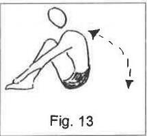 Fig. 13: a figure sitting up from lying with knees bent, reaching forward to touch the toes, with an arrow showing the arm swing