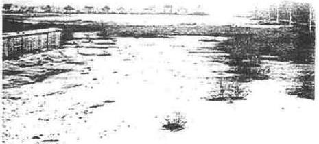 Archival photo of a flooded channel with a row of cottages in the distance on Fisherman’s Island