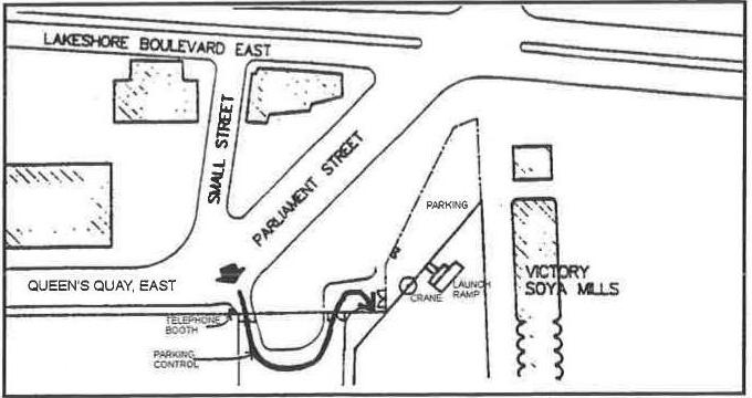 Street map of the RCYC city station area showing Lakeshore Boulevard East, Small Street, Parliament Street, Queen’s Quay East, the parking lot, crane and launch ramp beside Victory Soya Mills