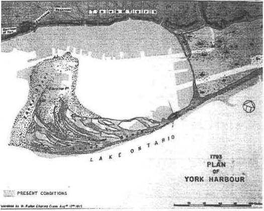 Map overlay comparing the 1793 Plan of York Harbour with present-day Toronto waterfront conditions