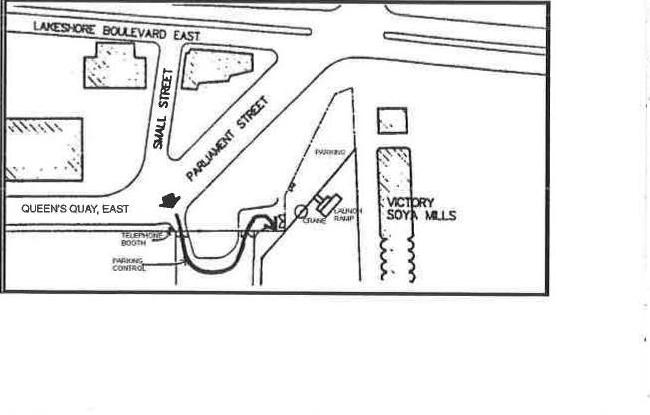 Location map showing the RCYC launch ramp access off Queen's Quay East and Parliament Street, Toronto