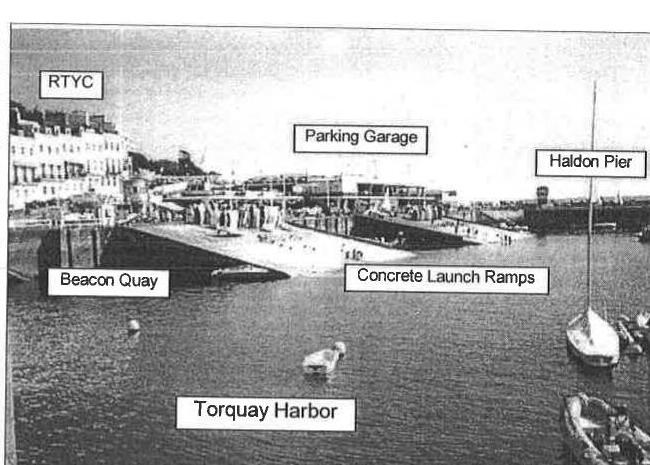 Torquay Harbor, with Beacon Quay, the Parking Garage, Haldon Pier and the Concrete Launch Ramps labelled