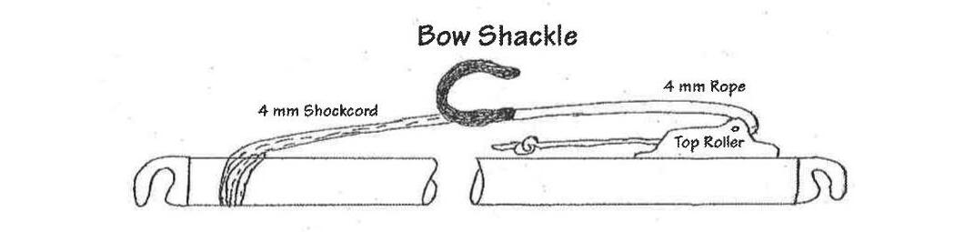 Diagram of a bow shackle pole-end fitting, labeled with 4mm shockcord, 4mm rope, and a top roller