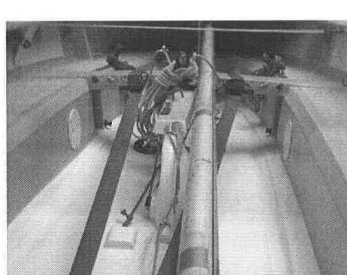 Finished painted floor with the restored buoyancy tank joint, mast and rigging visible