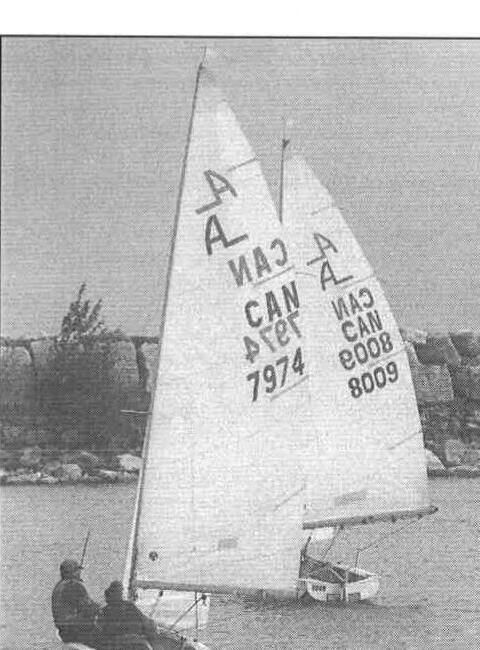 Two Albacores close together on a run, sail numbers CAN 7974 and CAN 8009, rocky shoreline behind