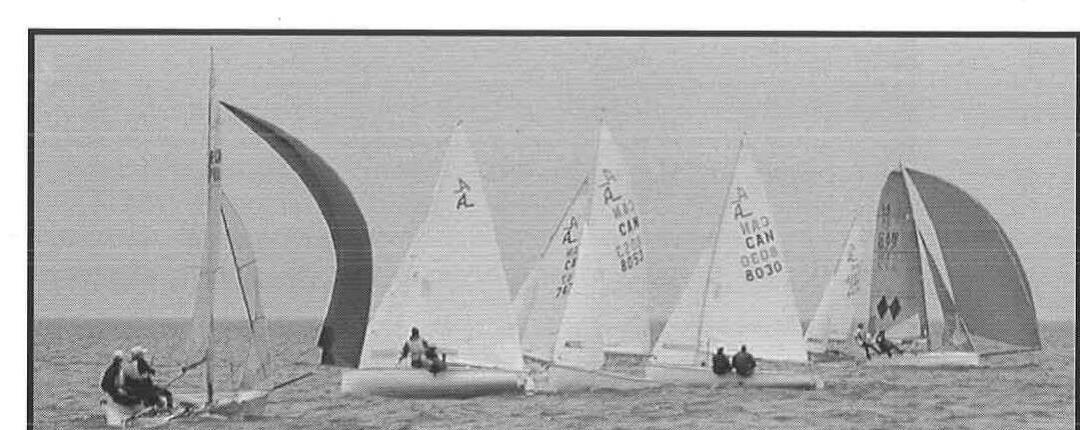 Six Albacores racing downwind in a line, spinnakers set, Toronto skyline faint on the horizon
