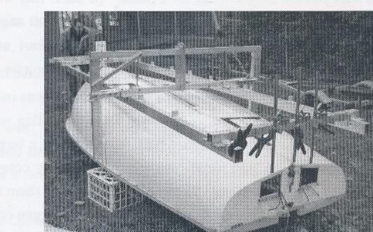 Albacore hull offset measurement jig on an old Skeene